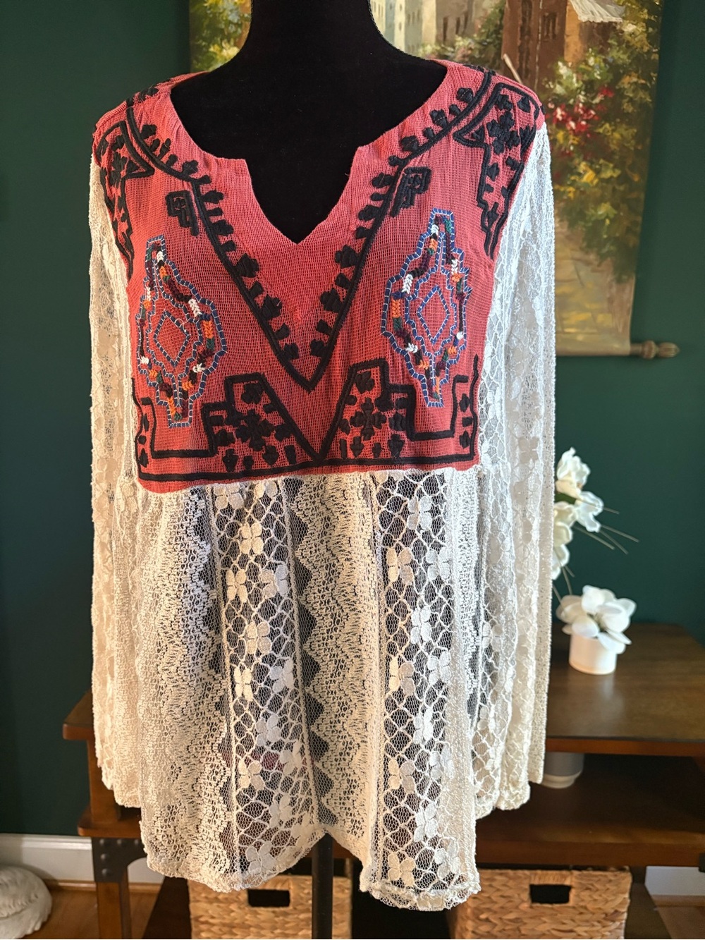Cato Coral Embroidered Yoke Lace Blouse